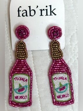 Tequila Mexico Bottle Pink Beaded Design fab’rik Earrings Dangle Statement NEW
